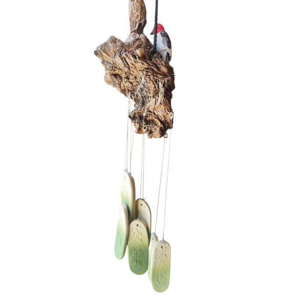 Handcrafted Loon Bird Sculpture Wind Chime With Ceramic Leaves & Natural Driftwo - Picture 5 of 16